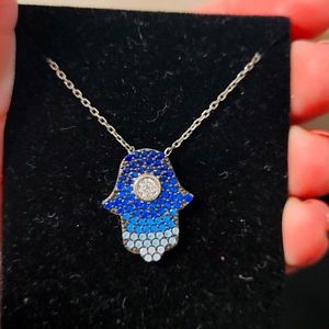 Blue stone CZ Diamond Hamsa Sterling Silver Necklace